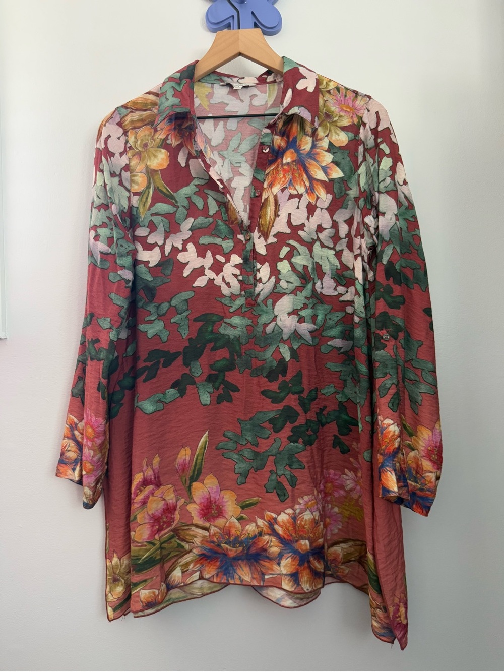 John Mark Small Button Up Long Sleeve Shirt Floral Colorful Lightweight Tunic